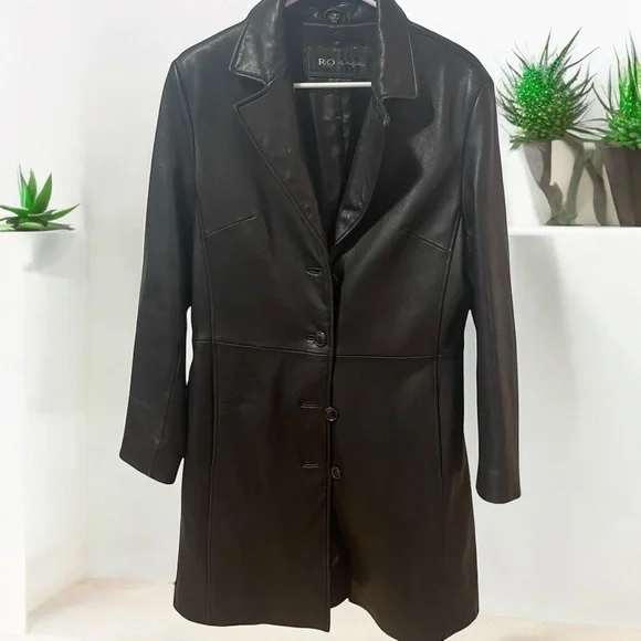 R&O Reilly Olmes Womens Black Genuine Leather Coat Mid Length Size M - Picture 2 of 12